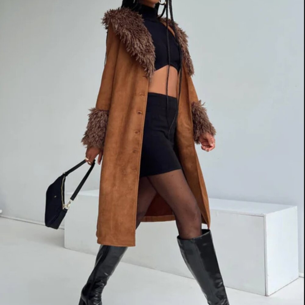 Princess Polly Brown suede faux fur coat with hood #fauxfur #winter coat size 6